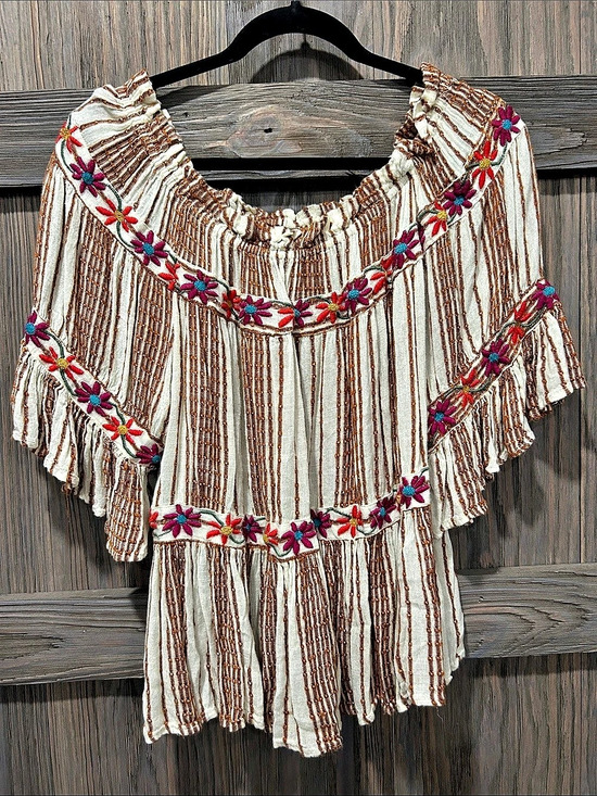 Ivy Jane Tops - Ivy Jane Embroidered Striped Blouse in White & Brown Size Small/Medium